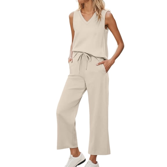 BLOCLOALO 2 Piece Lounge Set Sleeveless Tops Womens Daily Casual 2 Piece Solid Tank Tops Wide Leg Pants Outfits Sets Tunic Tops V Neck Blouses Travel Outfits for Women Beige L