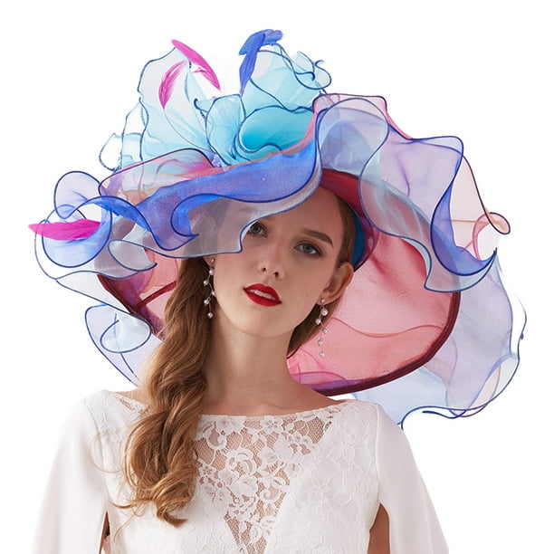 Txlixc Sombrero de mujer elegante tela de malla plegada con flores adornadas con cornisa ancha Txlixc moda