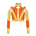 thumbnail image 3 of YiZYiF Girls Acrobatics Dance Tops Long Sleeve Rhinestone Shiny Color Block Cross Back Cutout for Gymnastics Sport Wear Orange 6, 3 of 7