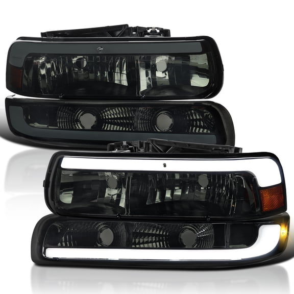 Spec-D Tuning Smoke Headlights w/ DRL and LED Parking Light Compatible with 1999-2002 Chevy Silverado 1500 / 2500, 2000-2006 Chevy Suburban and Tahoe, Left Right Pair Headlamps Assembly