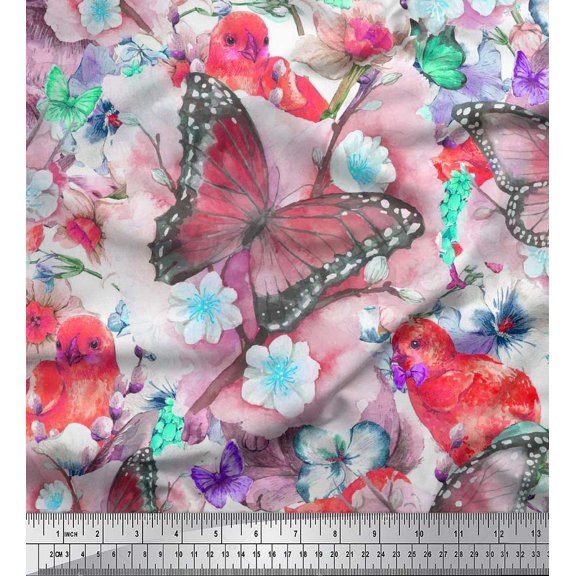 Soimoi Velvet Fabric Floral,Chick & Butterfly Printed Fabric 1 Yard 58 Inch Wide