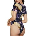 thumbnail image 3 of KLL Women 's Crew Neck Bodysuit Jumpsuits Lavender Flowers Print Short onesies Stretch T Shirts, 3 of 7