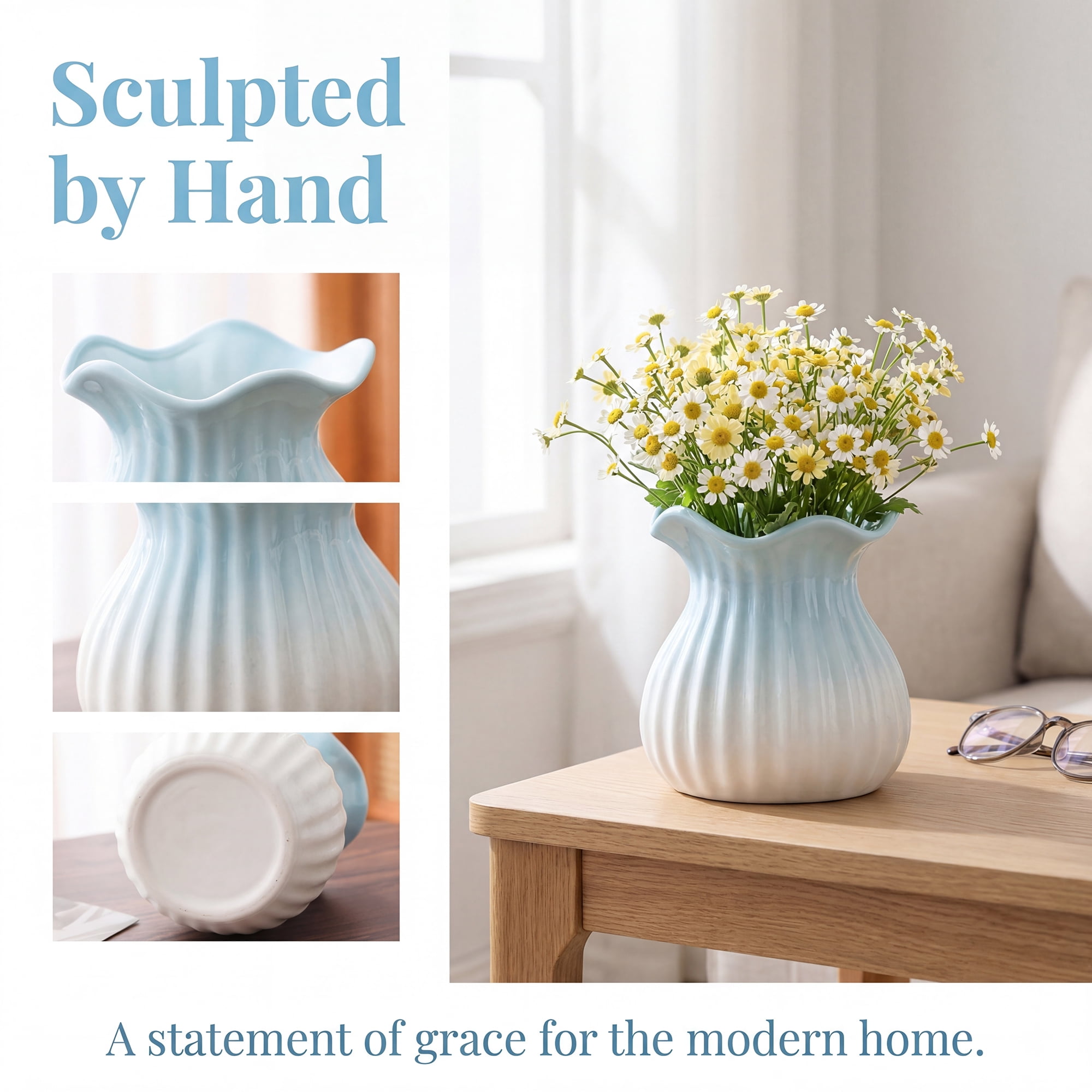 Unique Bargains Ceramic Cube Ribbed Textured Flower Vase Blue 4.7" x 4.7" x 4.7"