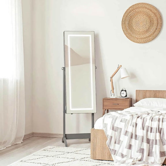 Yardi Yarda Floor Standing Jewelry Cabinet with LED Light, Lockable Organizer with Full-Length Mirror and 4 Adjustable Angles for Indoor, Gray