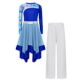 thumbnail image 3 of Choomomo Kids Girls Worship Praise Dance Outfit Camouflage Printed Irregular Liturgical Dress with Wide Leg Pants Blue White 10, 3 of 5