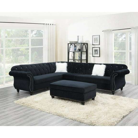 Contemporary Modern Living Room Sectional Sofa Set Black Velvet Fabric Tufted Loveseats Armless Chair Corner Wedge 4pc Set