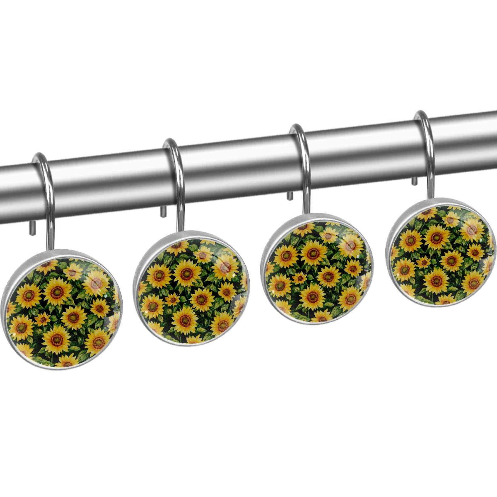Sunflowers with Leaves Shower Curtain Hooks Round Crystal Glass, Set of 12 Shower Curtain Rings - Shower Hooks for Curtain Shower Rings
