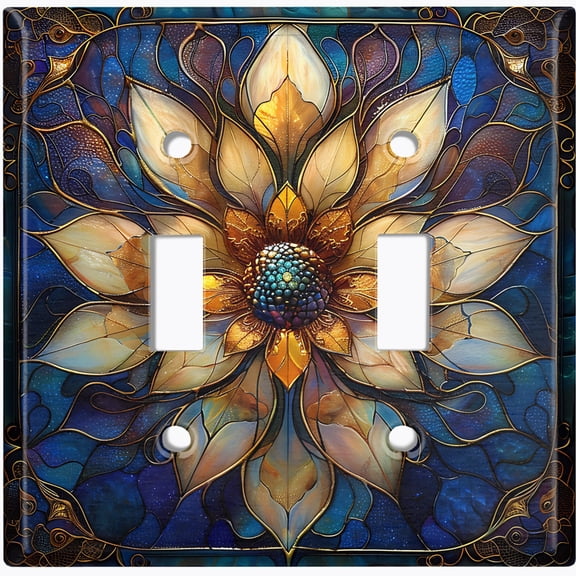 Metal Light Switch Wall Plate Outlet Cover (Printed Image of Floral Stained Glass - Double Toggle)