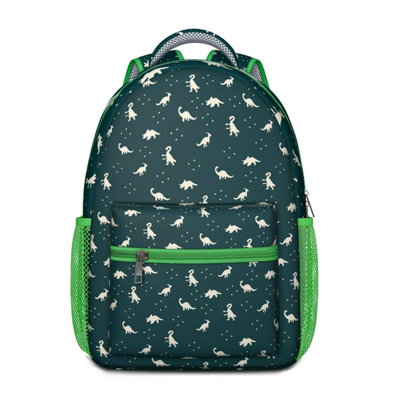 Cute Baby Dinosaur Pattern Backpack – Artistic Cartoon Dino Print Schoolbag with Planets, Forest, and Star Design
