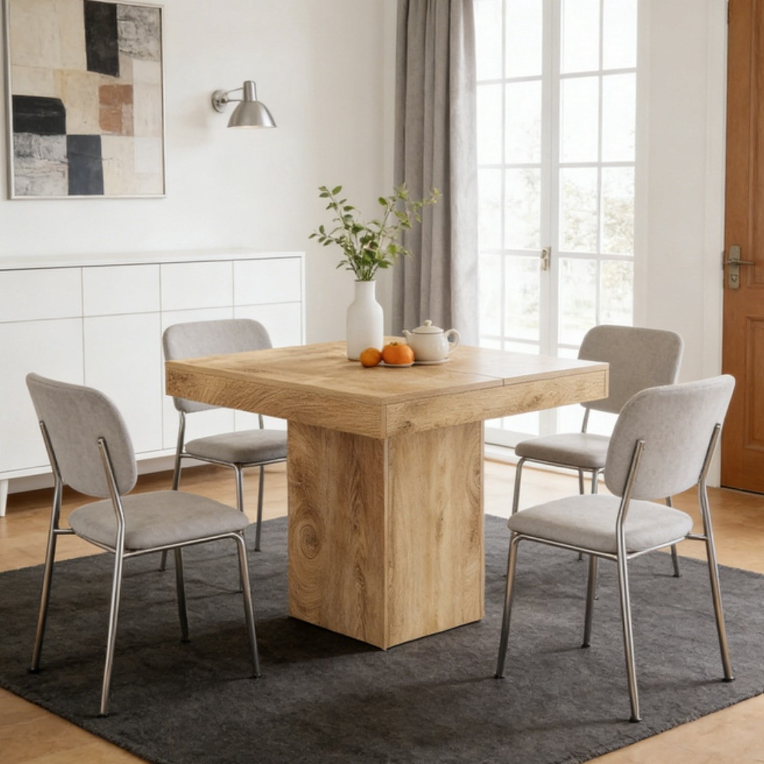 Dining Table, 39" Square Wood Kitchen Table with Pedestal Base, Seats 4, Natural Finish
