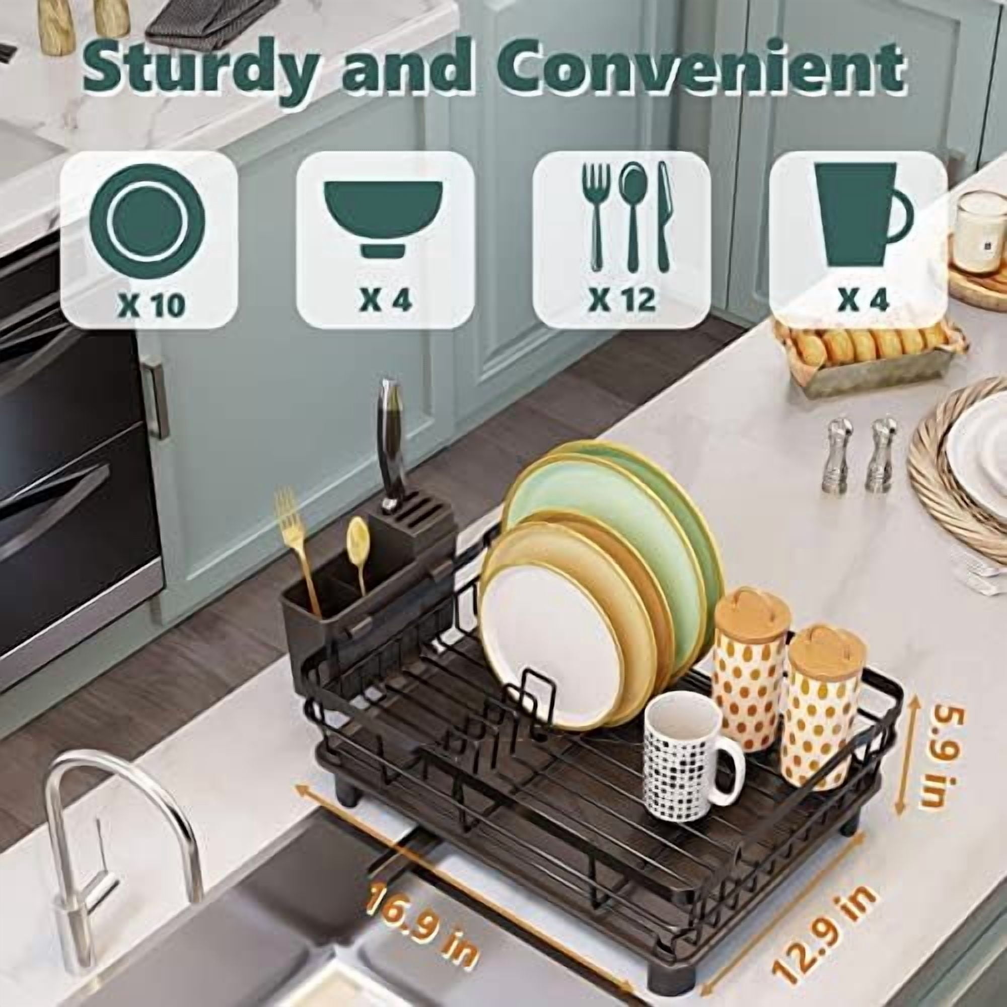 Iron Dish Drying Rack with Drainboard Dish Drainers for Kitchen Counter Extendable Spout Strainers with Utensil Holder and Knife Slots, Black