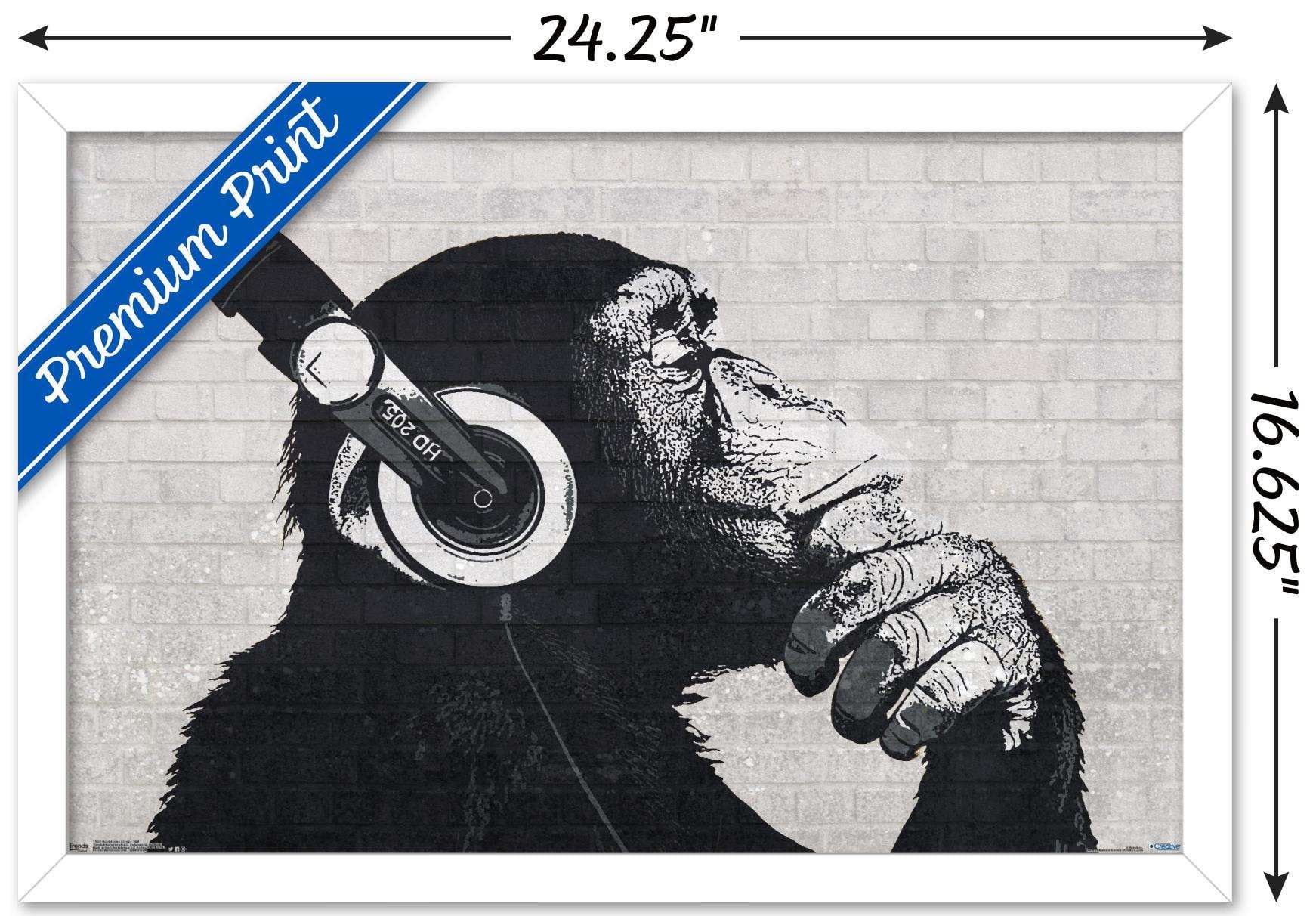 Chimp with Headphones on Wall Wall Poster, 14.725" x 22.375", Framed