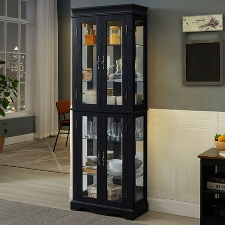 CQSXDA Lighted Glass Curio Display Cabinet in Black with Six-Tier Design for Wine, Toys & Collectibles Storage