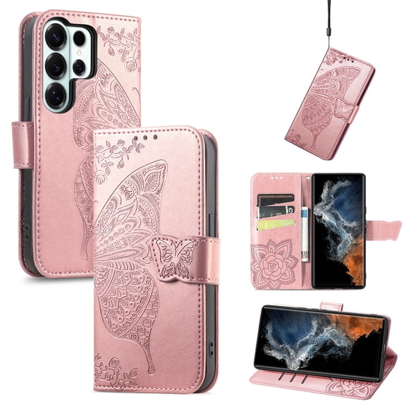 Allytechgroup for Samsung Galaxy S26 Ultra Flip Wallet Case, PU Leather [Butterfly & Flower Embossed] Magnetic Clasp Stand Case Built-in Card Slots & Cash Pocket Shockproof Wrist Strap, Rosegold