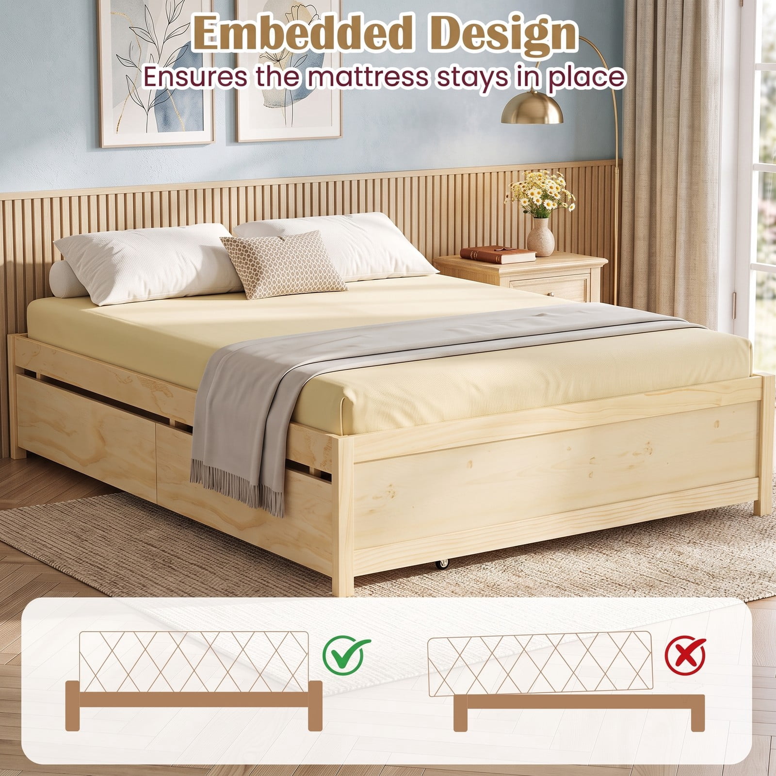 Furnibear Full Size Bed Frame with Storage, Wooden Platform Bed Frame with 2 Rolling Drawers, Full Bed Frame No Box Spring, Natural