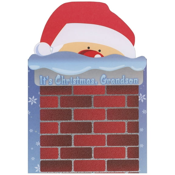 Designer Greetings Die Cut Santa Inside Red and Silver Bricked Chimney Slide Out / Removable Santa Panel Juvenile Christmas Card for Grandson