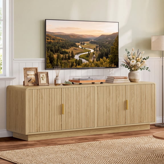 Fluted TV Stand for TVs up to 75 Inch, Modern Rounded Edge Entertainment Center with Storage Cabinets & Adjustable Shelves, for Living Room, Natural Oak