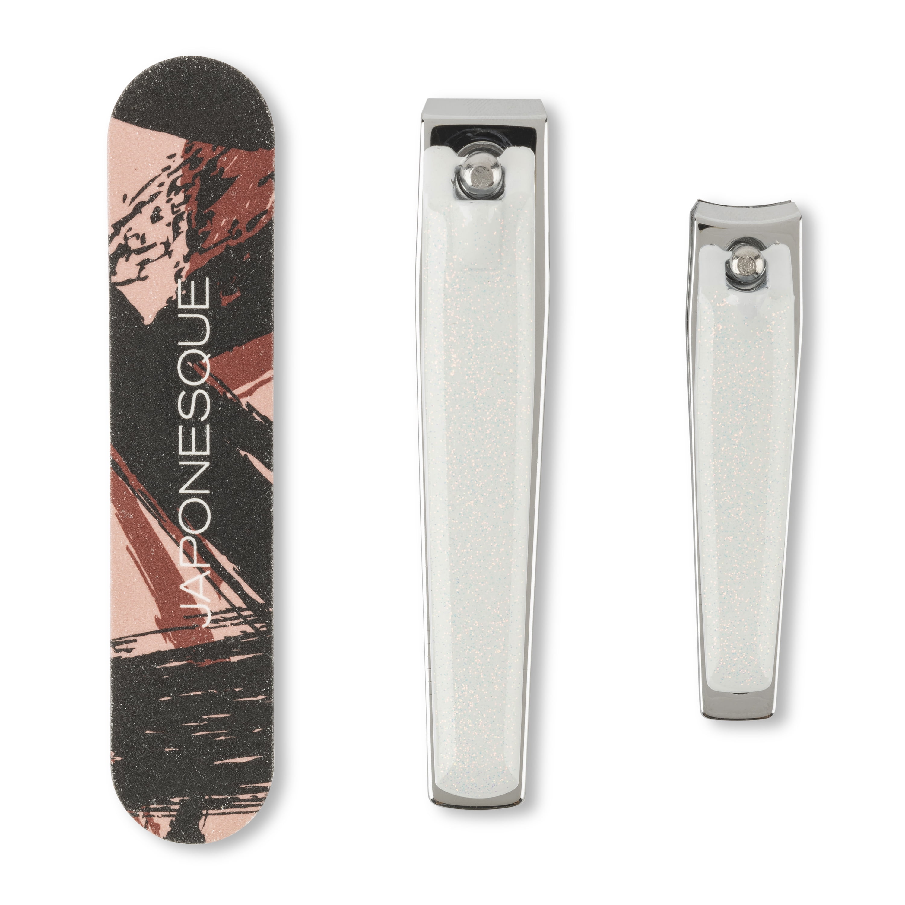 Japonesque White Glitter Finger Nail & Toe Nail Clipper with Nail File, Nail Perfecting Trio, 3 Piece