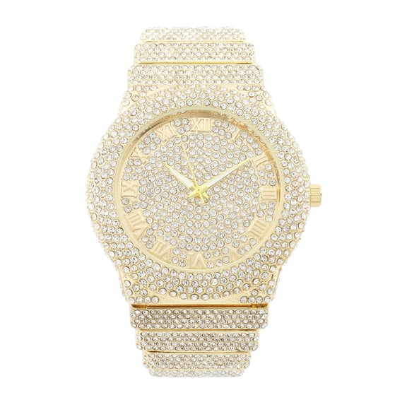 Luxury Iced Out Round watch or Bling-ed Out Baguette-Cut Rectangular Watch with Crystal Diamond watch Pave Design (ST10626 Gold)