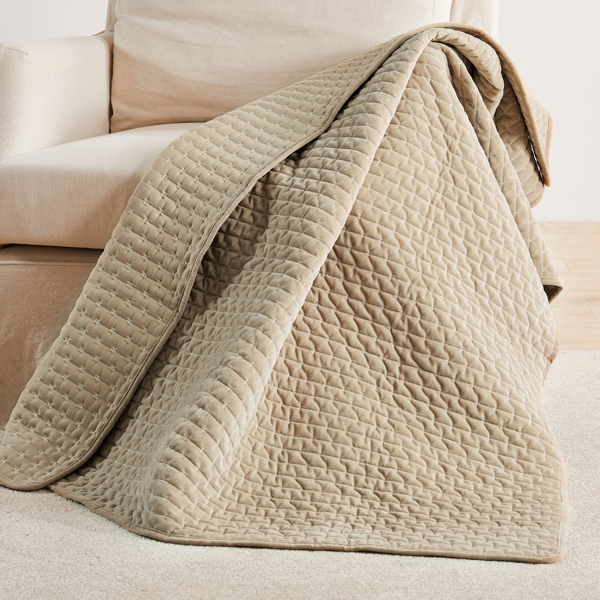 Levtex Home - Velvet Stitch - Throw - Cross Stitch Velvet - Taupe with White - Quilt (50x60in.) and Sham 50x60in. - Polyester