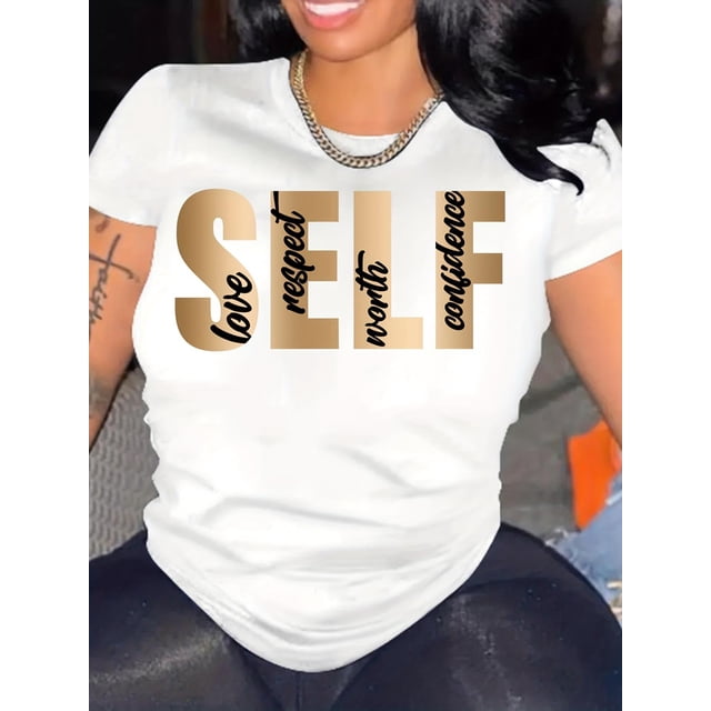 Letter Print Crew Neck T-Shirt, Casual Short Sleeve T-Shirt For Spring & Summer, Women's Clothing Tee For Adult, Men, Women, Teen, Teenager, Adolescent, Youth