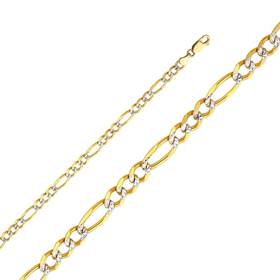 Ioka - 14K Yellow Solid Gold 4.7mm Figaro 3+1 White Pave Chain Necklace with Lobster Clasp - 26"