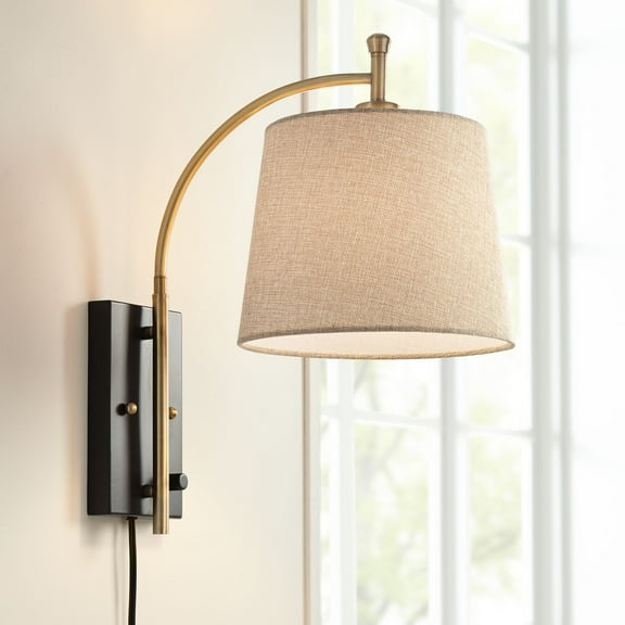360 Lighting Chester Modern Swing Arm Wall Lamp Brass Black Plug-in Light Fixture Tan Drum Shade for Bedroom Bedside Living Room Reading Home House
