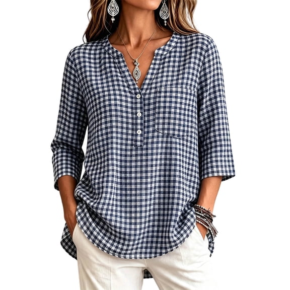 Horkkom 3/4 Length Sleeve Womens Tops V Neck Plaid Print Button Up Shirt Trendy Business Casual Tops L
