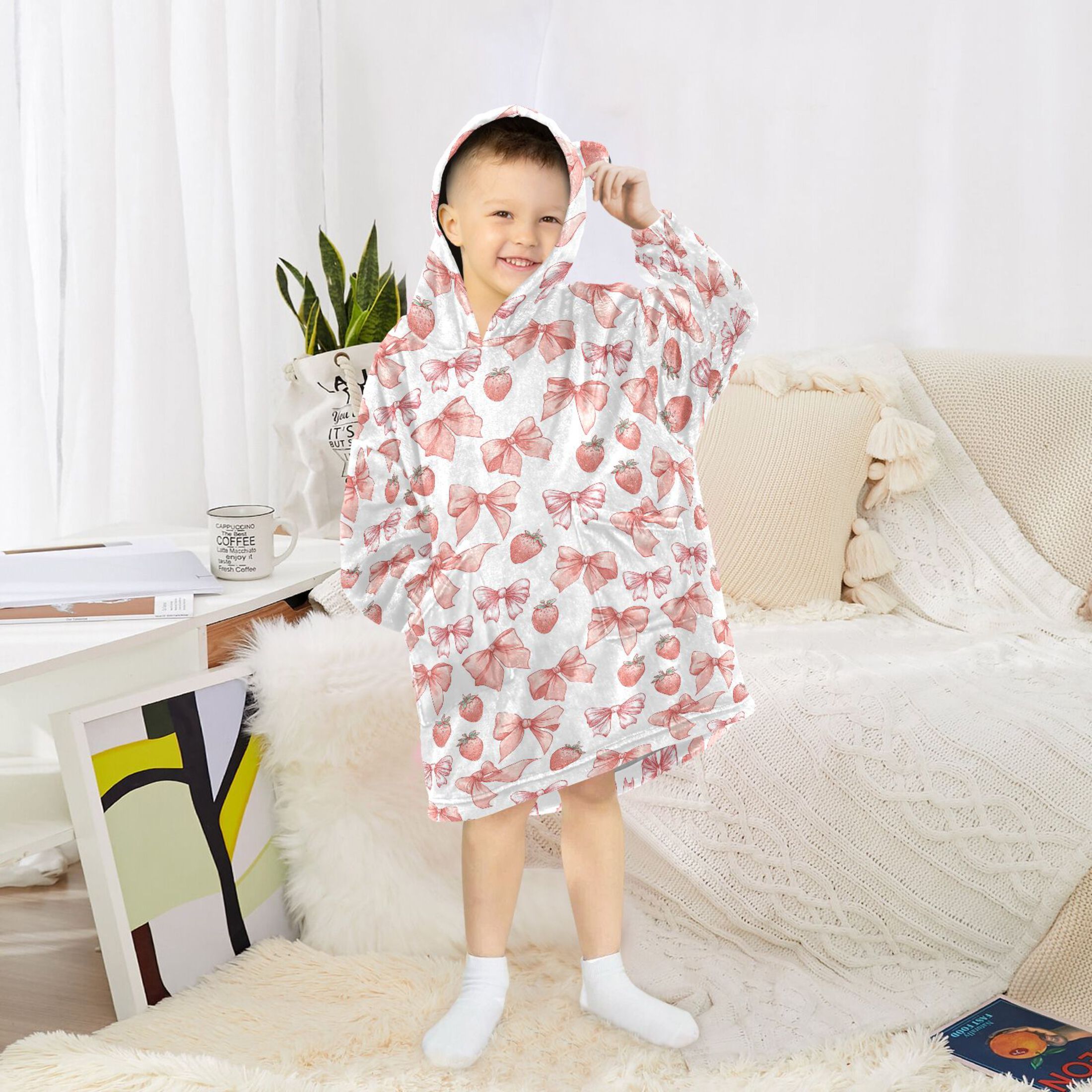 Wearable Blanket Hoodie for Kids Pink Bows Strawberries Flannel Hooded Blanket with Pockets and Sleeves Suitable for Boys and Girls