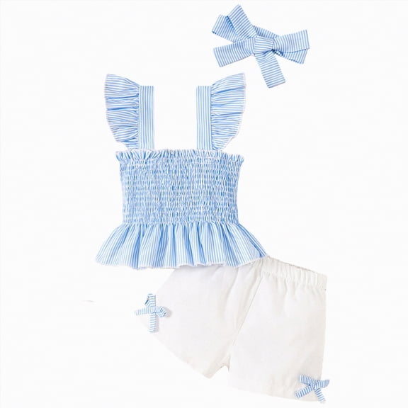 Leey-World Girl Clothes Set Summer Baby 0 6 12 18 24 Months 2T 3T Girl School Wear Clothes Shorts Set Floral Summer Outfits Cute Baby Clothes(Light Blue,5-6 Years)
