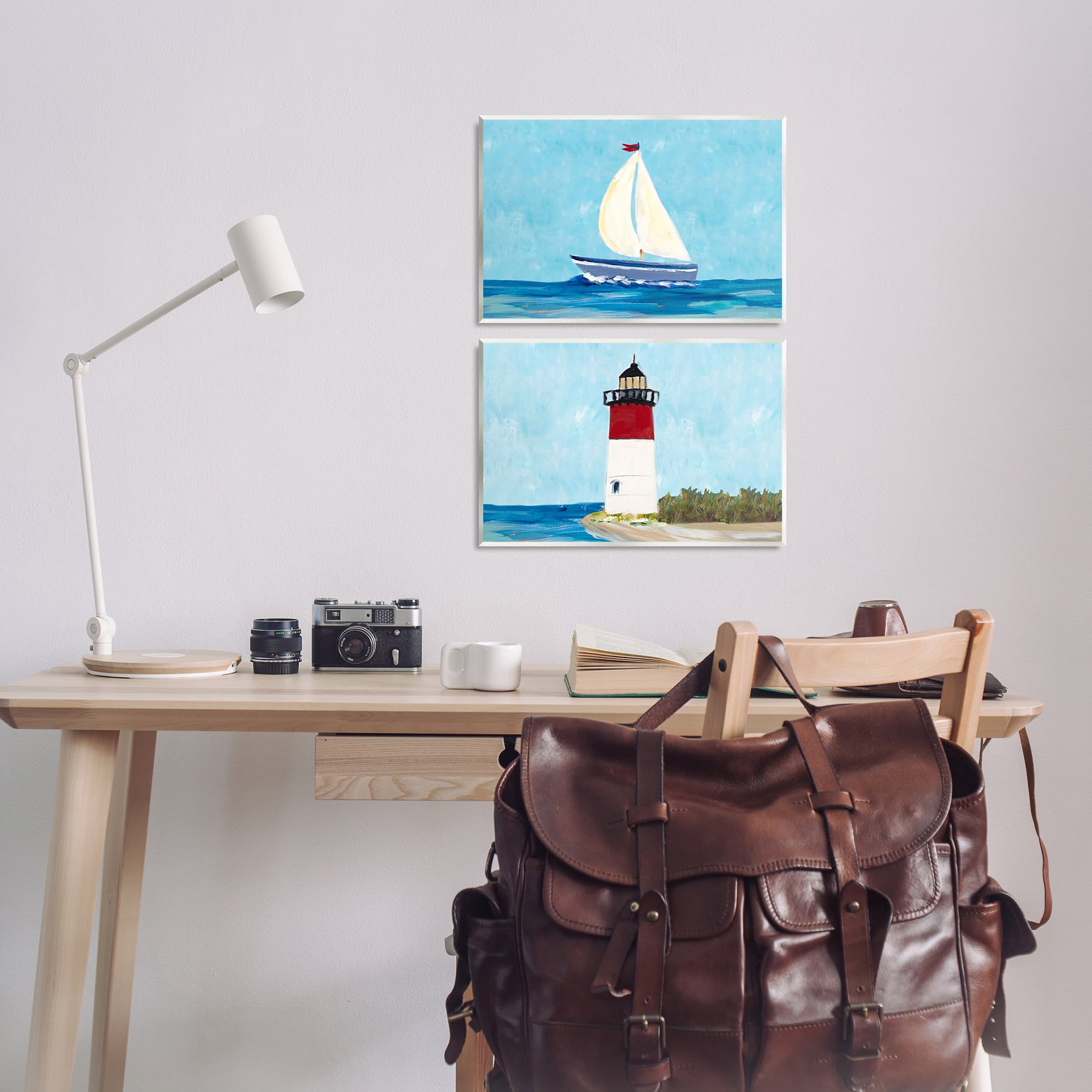Stupell Industries Nautical Sail the Sea Lighthouse Nautical & Beach Painting Unframed Art Print Wall Art, 19 x 13, Set of 2