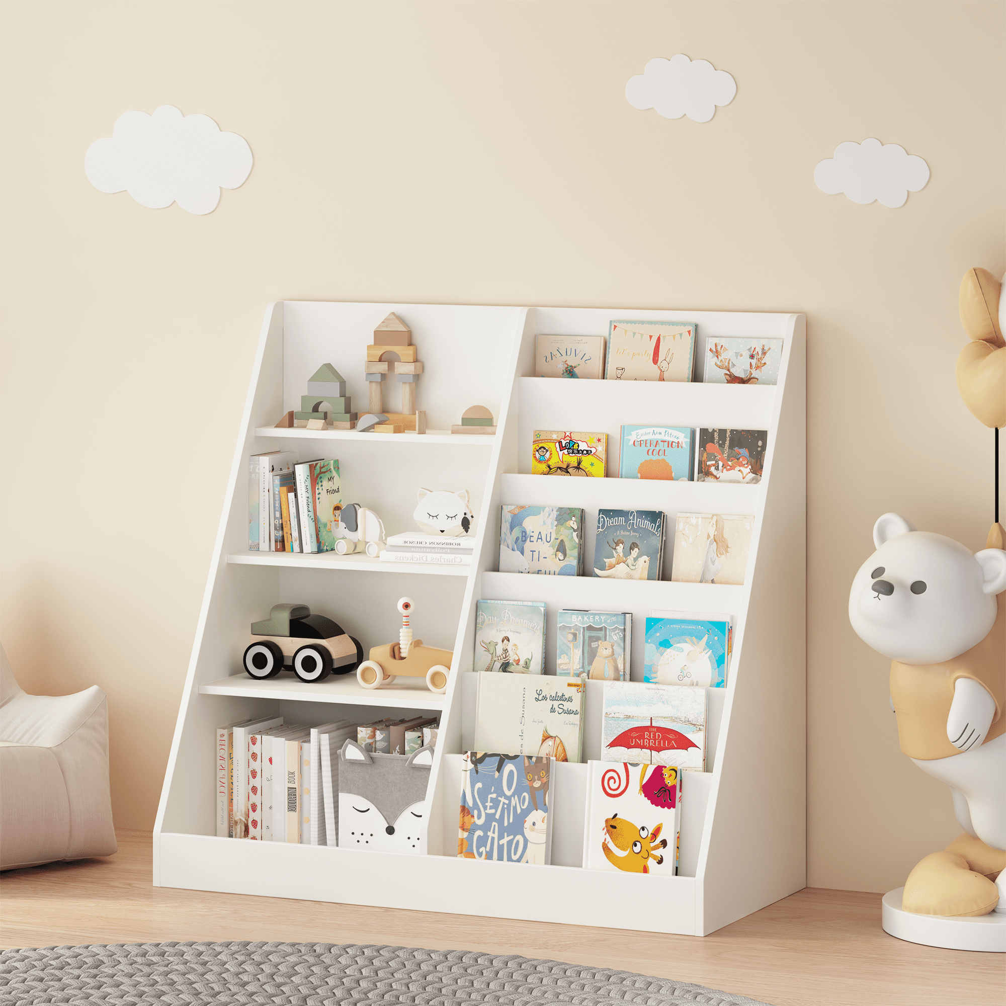 Kids Bookshelf and Toy Storage Organizer, Multifunctional 4 Tier Wooden Kids Book Shelf with Bookcase Display Stand in Kids Room Playroom Nursery for Kids, Children, Toddlers (White)