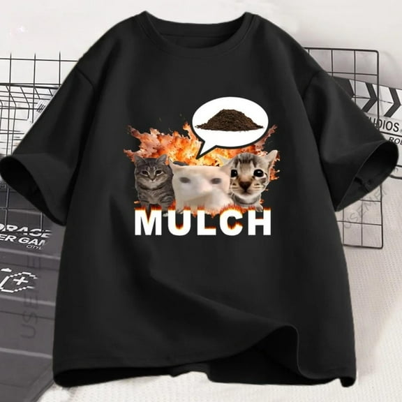 Mulch Cat Graphic Funny Tee T Shirt Tops Cotton Comfortable Short Sleeve Round Neck Black S-5XL