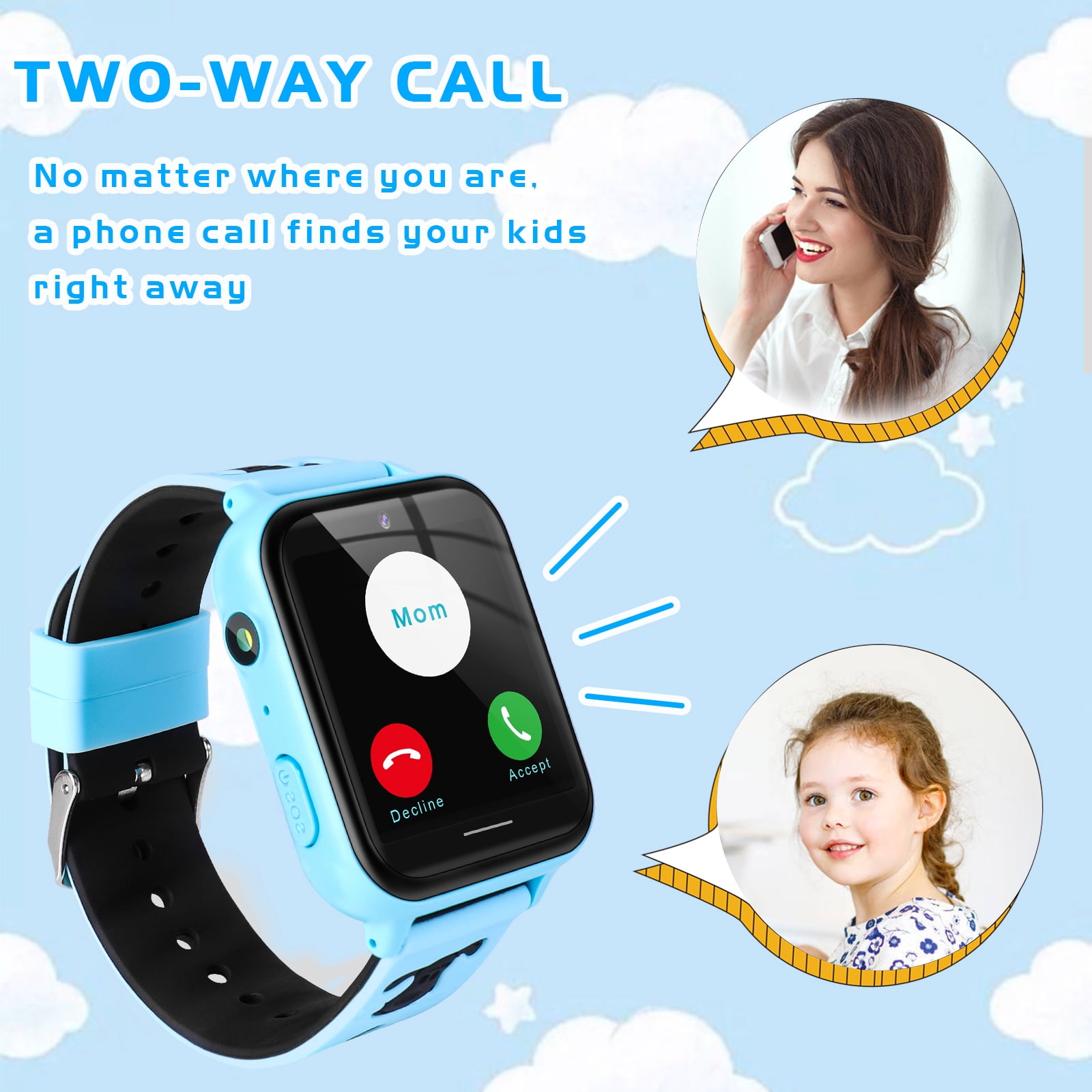 Topchances Kids Smartwatch with Call, 10 Games, Music Player, Camera, SOS Alarm Clock, Calculator, Touch Screen, Blue
