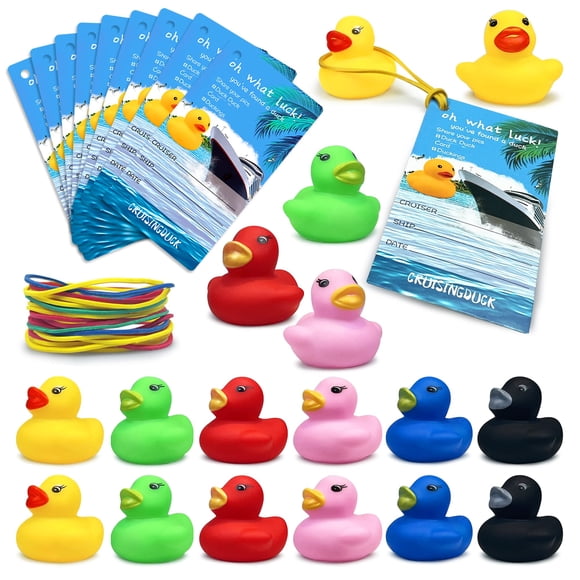 72 piezas Kits de crucero con etiquetas de pato Etiquetas de pato para crucero El juego incluye etiquetas de pato de goma para crucero Patos de crucero pequeños Bandas de goma para ocultar Carnaval
