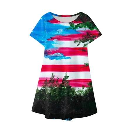 

MIASHUI Girls Short Sleeves Dress Fourth Of July Independent Day Star Stripes Prints Dress