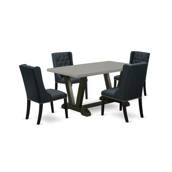 East West Furniture V696FO624-5 5 Piece Dining Room Set Consists of 4 Black Linen Fabric Padded Chair Button Tufted with Nailheads and Cement Dining Table - Wire Brush Black Finish