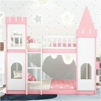 JERFIT Twin over Twin Pink Castle Bunk Bed with Ladder, Solid Wood Frame for Space Saving & Versatile Use