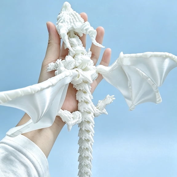 3D Printed Articulated Dragon with Wings – Flexible Winged Crystal Dragon Model, Desktop Pet Decor for Home Office, Unique Gift for Dragon Lovers,Silk White
