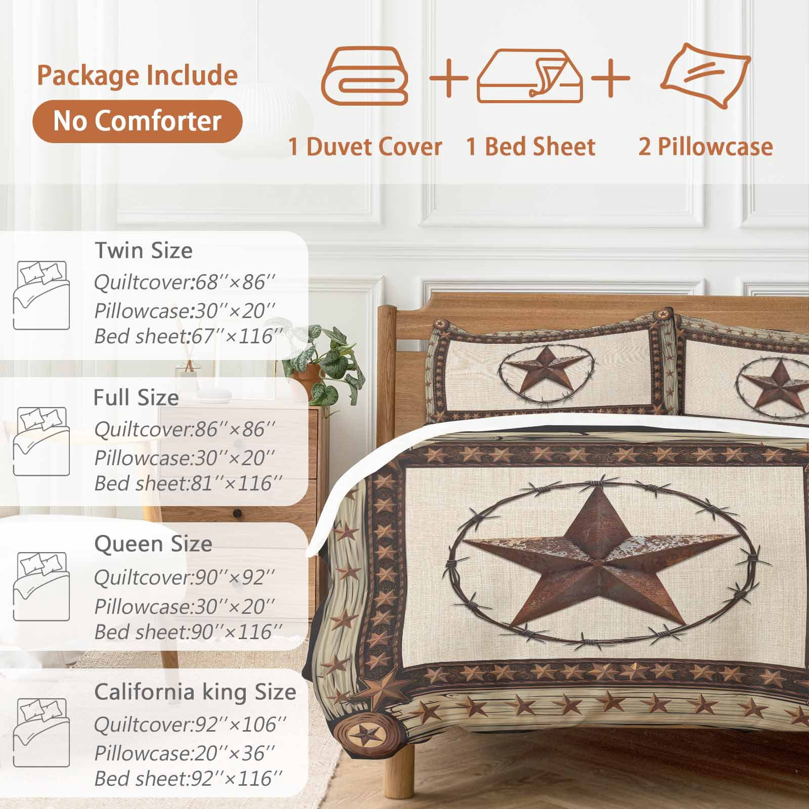 Cal King 4 Piece Bedding Set Country Star Texas Farm Wood Plank Soft Breathable Duvet Cover and Pillowcase,Farmhouse Vintage Linen Duvet Cover Set Washable Bed Sheets for Bedroom Dormitory Guest Room