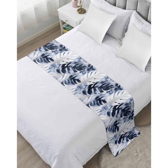 Xipuska Navy Blue Palm Leaves Bed Runners for Queen Size Bed, Decorative Bed Throws for Foot of Bed, Tropical Botanical Vintage Bed Runner Sofa Throw Bedding Scarf Protector Slipcover for Bedroom