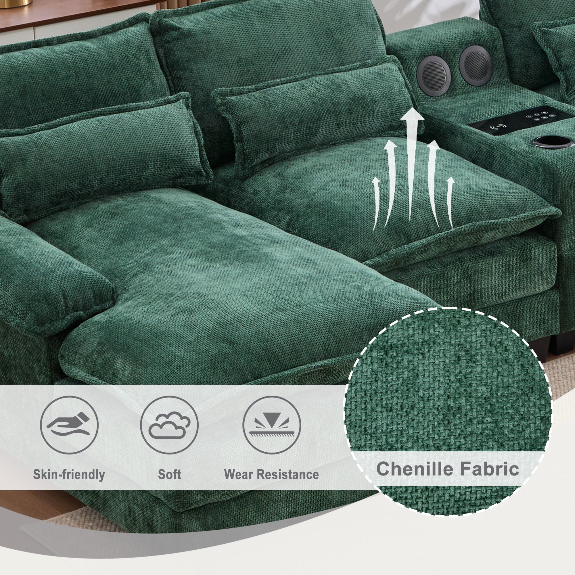 Villeston 126.77" U-Shaped Cloud Sofa With Chaise Lounge, Chenille Sofa With Wireless Charging, Bluetooth Speaker, Two Cup Holders, Storage Drawer, Suitable For Living Room,Green