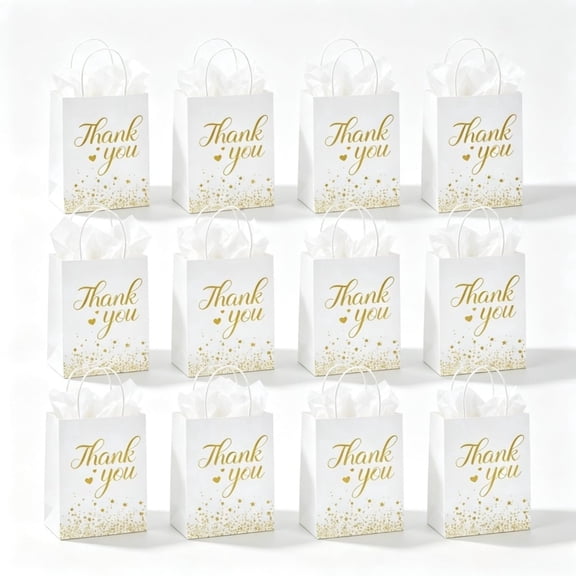 12Pcs Gold Polka Dot Thank You Gift Bags with Handles & Tissue Paper, Party Favor Shopping Bags for Wedding Birthday Business