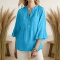 thumbnail image 2 of Lenpel Women's Tops Bell Ruffle 3/4 Length Sleeve V Neck Quarter Button Pleated T-Shirts Loose Tunic Blouses Dressy Casual Tees, 2 of 7