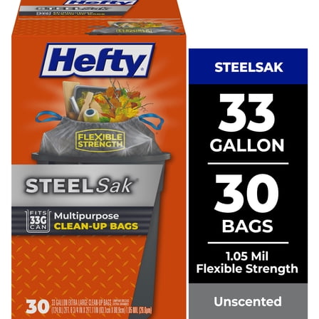 Hefty Steelsak Heavy Duty Large Trash Bags, Gray, Unscented, 33 Gallon, 30 Count