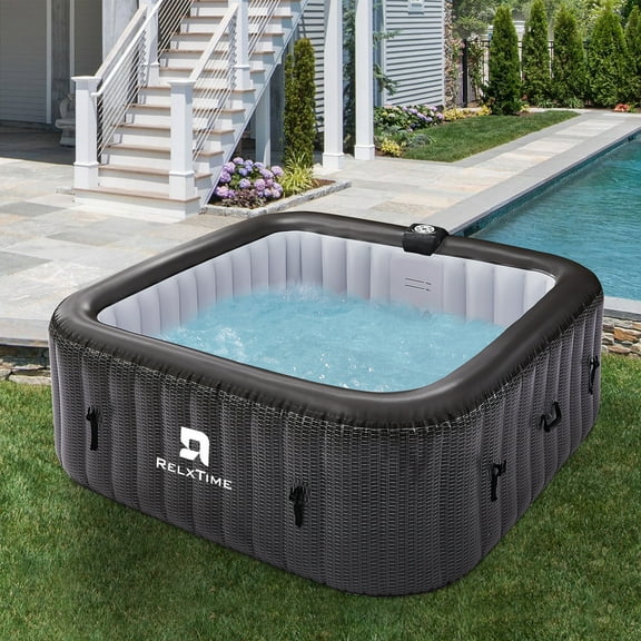 RELXTIME 73" 4-6 Person Inflatable Hot Tub Outdoor Square Spa Pool Built in Heater Pump, 130 Massage Jets, Black