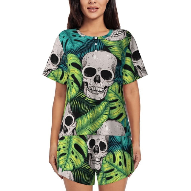 Balery Skull and Palm Leaves Conjunto de Pijama para Mujer con Estampado, Dos Piezas de Manga Corta y Shorts, Ropa de Dormir Suave con Cuello Redondo y Bolsillos-Medium