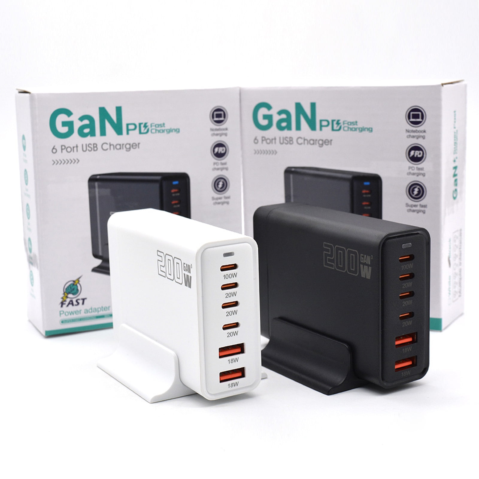 200W GaN 6-Port USB C Charging Station Hub with Holder, Fast Charger Block for MacBook Pro/Air, Dell, iPad, iPhone, Samsung Galaxy