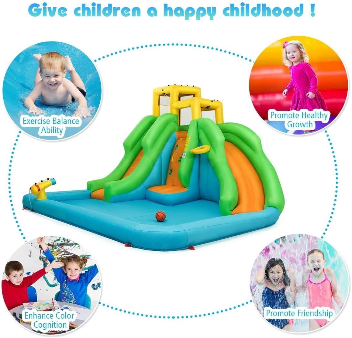 OLAKIDS Inflatable Water Slide, 6 in 1 Bounce House with 2 Slides, Climbing Wall, Splash Pool, Basketball Rim, Water Blaster, Inflatable Water Park with  Bag, Repairing Kit, Hose (Without Blower)