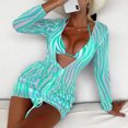 thumbnail image 2 of Conjunto de Bikini para mujer, traje de baño elegante de 2 piezas para playa, traje de baño de malla transparente, prendas de vestir de manga larga, rayas verdes lago XL, 2 of 6